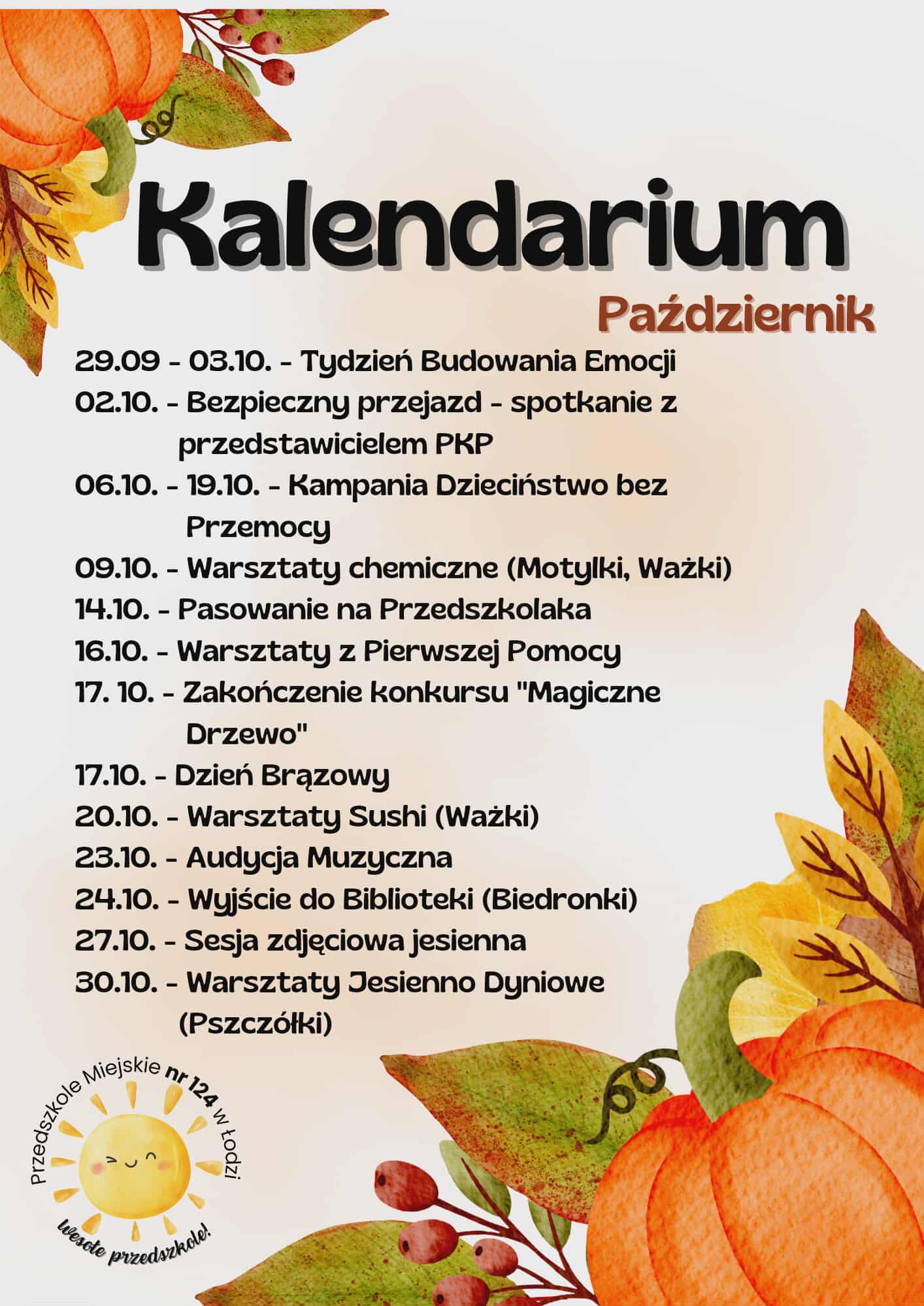 Kalendarium wydarzeń w przedszkolu.