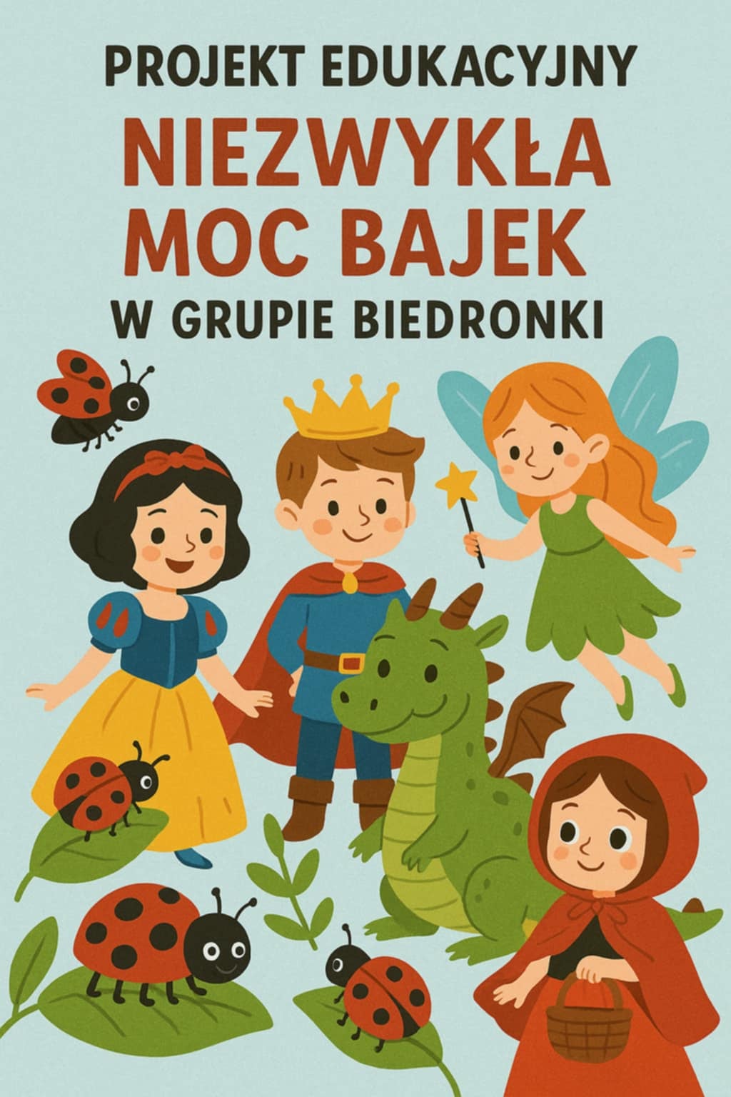 Logo projektu "Niezwykła moc bajek", przedstawiające różne postaci z bajek, np. Czerwonego Kapturka.