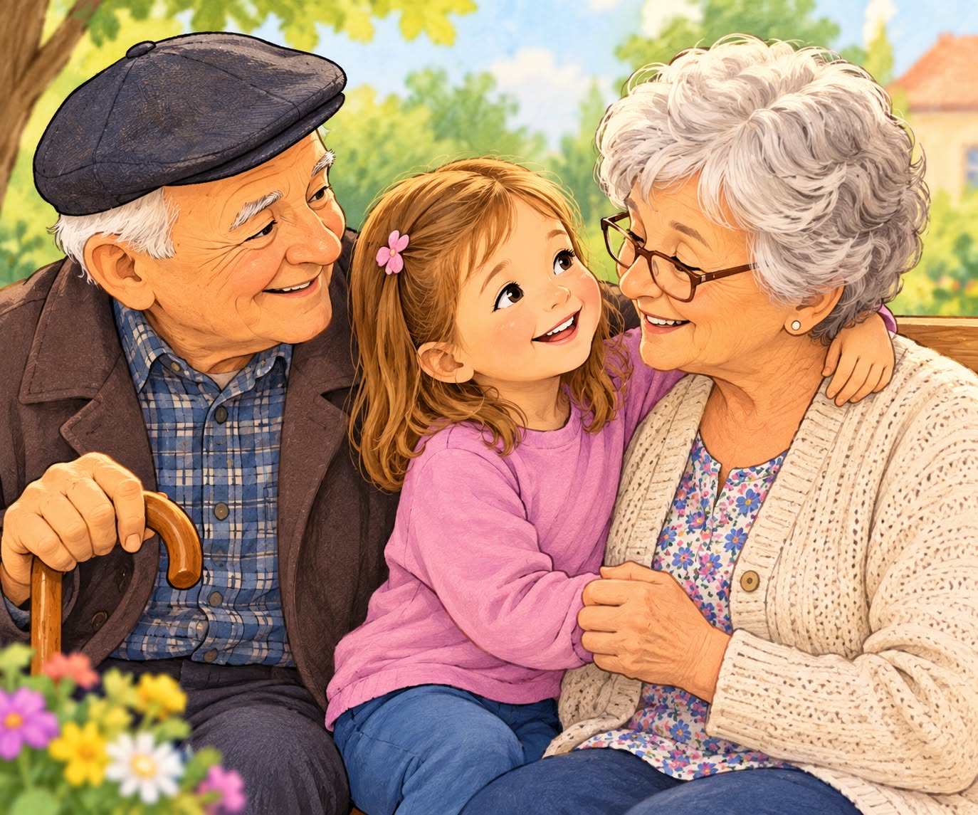 Babcia i dziadek przytulają wnuczkę.