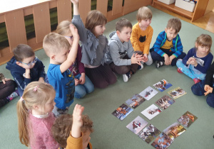 Dzieci siedzą na dywanie i opowiadają o różnych pracach psów na podstawie fotografii.