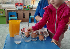 Lila wkłada jajko do szklanki z wodą.