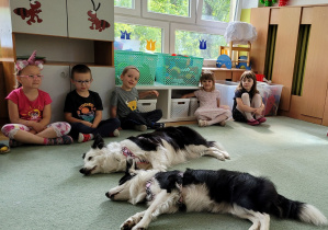 Psy leżą na dywnie, a dzieci obserwują.