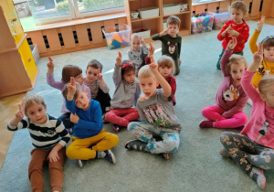 Dzieci siedzą na dywanie, podnoszą dwa palce do góry- składają przyrzeczenie że zimą nie zapomną o mieszkańcach naszego ogrodu.