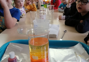 Dzieci przyglądają się substancji w pojemniku laboratoryjnym.