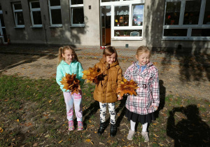 Dziewczynki zbierają liście.