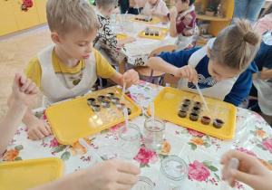 Dzieci wkraplają płyny do określonych pojemniczków.