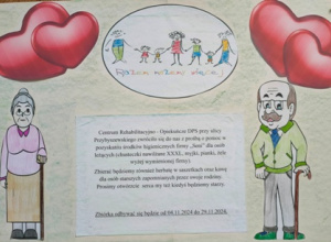 Plakat zapraszający wszystkich rodziców do wzięcia udziału w zbiórce środków higienicznych firmy "Seni" oraz artykułów spożywczych - kawa, herbata.