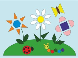 Rysunek stworzony z kolorowych figur geometrycznych - trzy kwiaty, motyl, biedronka oraz gąsiennica.