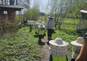 Dzieci wędrują leśną ścieżką do pasieki.