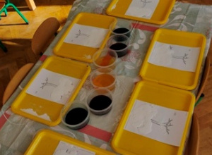 Stół z przygotowanymi pojemnikami z kolorową cieczą oraz tackami na których leżą kartony z konturami drzewa.