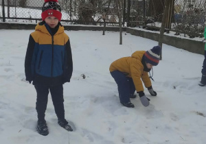 Chłopiec bawi się śniegiem.