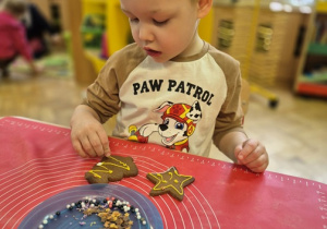 Chłopiec z wielkim zaangażowaniem dekoruje pierniki.