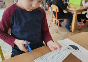 Chłopiec odcina kawałek kalendarza adwentowego.