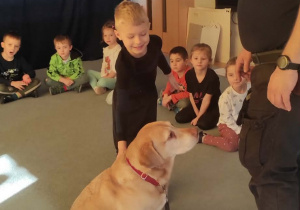 Chłopiec głaska psa.