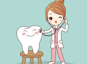 Rysunek graficzny - Pani stomatolog bada ząbka stetoskopem.