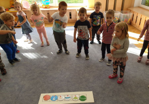 Dzieci stoją na dywnaie i wykonują plecenia zgodnie z ułożonym przed nimi kodem obrazkowym ruchu.