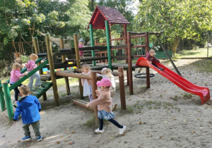 Dzieci wchodzą po schodkach do drewnianego domku, zjeżdżają na zjeżdżalni