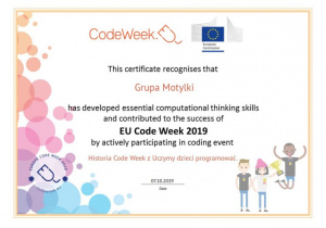 Certyfikat uczestnictwa w programie Code Week dla grupy Motylków.