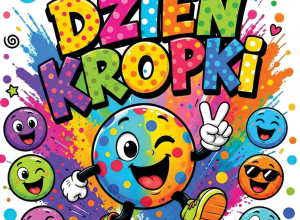 Obrazek kolorowej kropki z napisem Dzień Kropki.