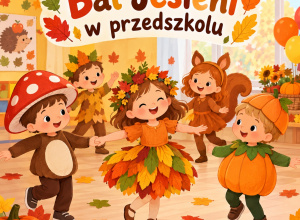 Bal jesieni - dzieci tańczą przebrane w kolorowe jesienne stroje (wygenerowane przez AI).
