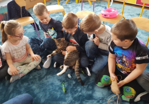 Dzieci siedzą na dywanie w siadzie skrzyżnym. Wiktor trzyma na kolanach kota i delikatnie go głaszcze.