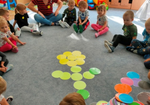 Dzieci siedzą w kole na dywanie- podają kolory kropek jakie utworzyły kwiatek.