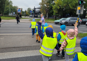 Dzieci przechodzą przez ulicę zgodnie z zasadami ruchu drogowego.
