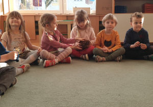 Dzieci siedzą na dywanie i oglądają szyszki w różnych kształtach.