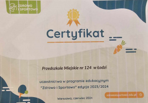 Certyfikat uczestnictwa w programie edukacyjnym "Zdrowo i sportowo", edycja 2023/2024