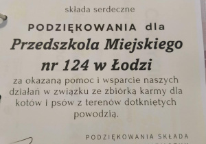 Podziękowania od Fundacji Małgorzaty Niemczyk za okazaną pomoc i wsparcie podczas zbiórki karmy dla zwierząt z terenów dotkniętych powodzią.