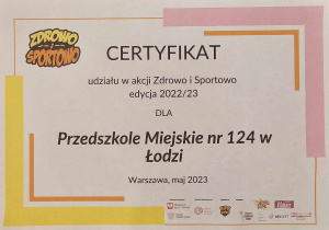 Certyfikat za udział w akcji "Zdrowo i sportowo", edycja 2022/2023