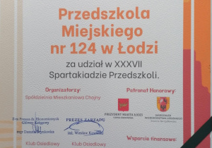 Dyplom dla Przedszkola Miejskiego nr 124 w Łodzi za udział w XXXVII Spartakiadzie Przedszkoli.