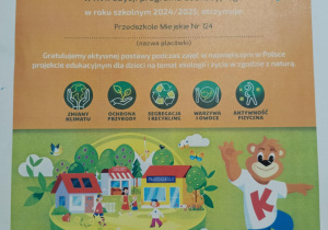 Certyfikat potwierdzający udział w XVII edycji programu edukacyjnego "Kubusiowi Przyjaciele Natury" w roku szkolnym 2024/2025.