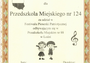 Podziękowanie dla przedszkola za udział w Festiwalu Piosenki Patriotycznej organizowanym przez Przedszkole Miejskie nr 88 w Łodzi.