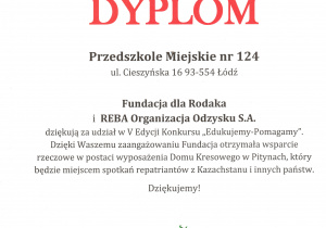 Dyplom za udział w V Edycji Konkursu "Edukujemy - Pomagamy".